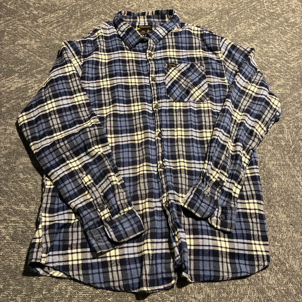 Stanley Workwear Plaid Flannel Button Up Shirt Navy Blue Gray Men's 2XL